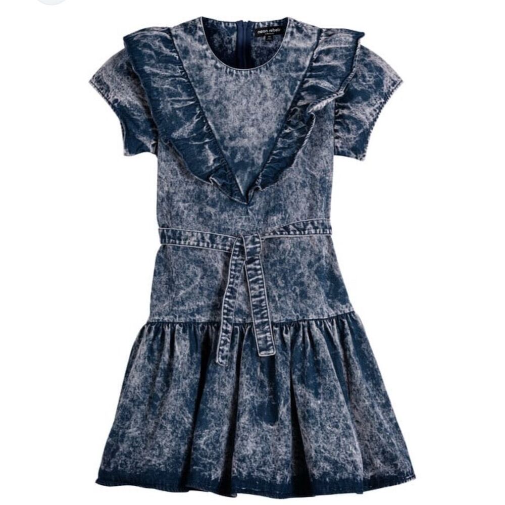 Maisonette Girls Acid Wash‎ Denim Dress 2T Flutter Sleeve Ruffle